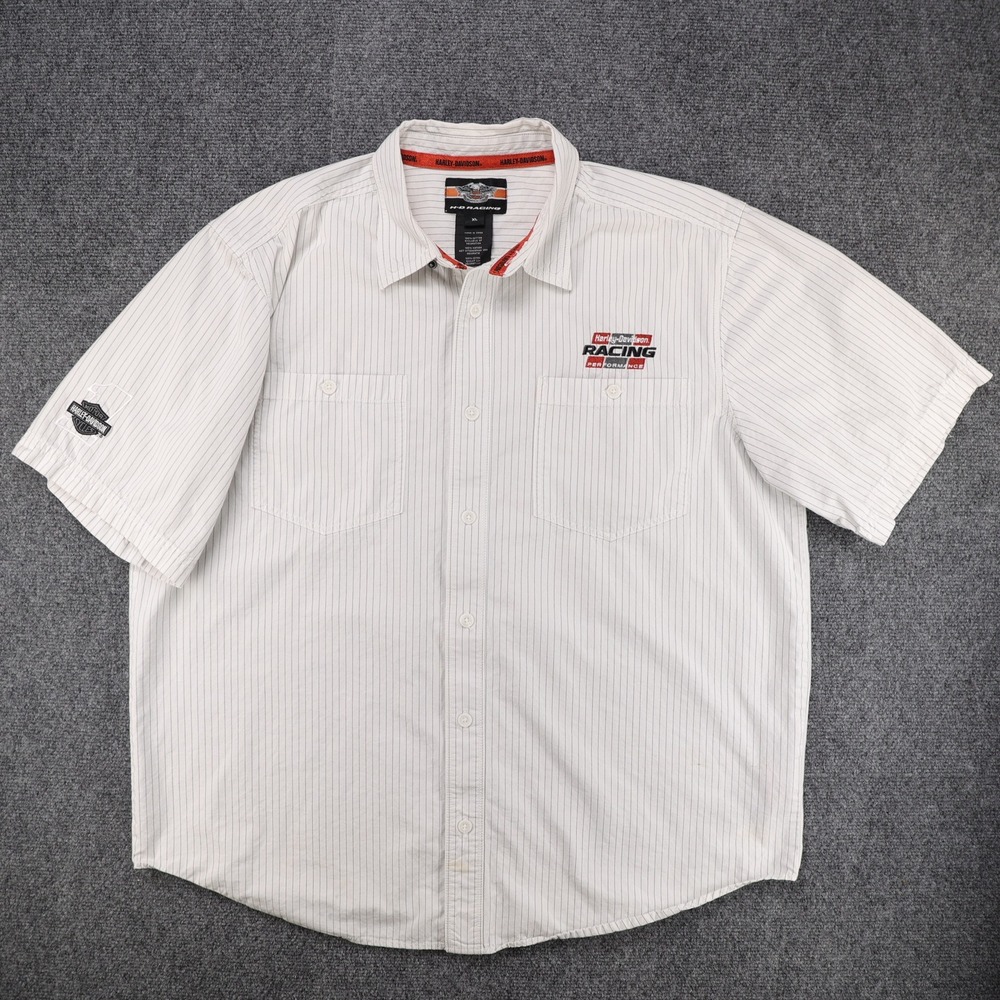 Vintage‎ Harley Davidson Racing Mens Pinstripe Button Up Shirt White XL